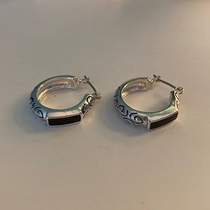 Silver plated hoop earnings with black accents